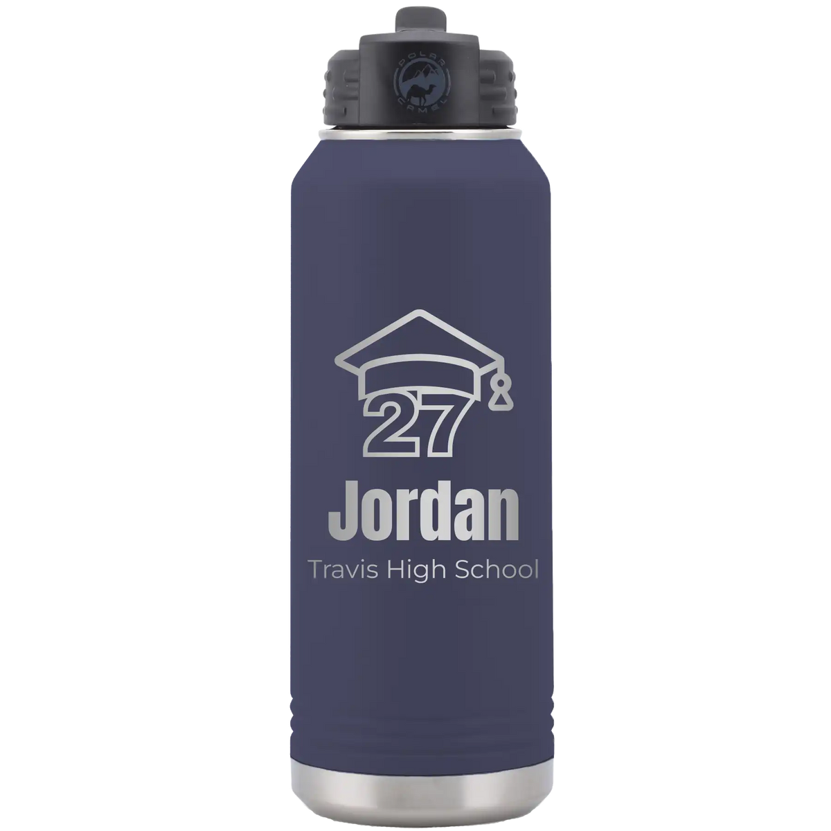 Laser etched navy 32 oz vacuum insulated water bottle with 'Year 2027' design