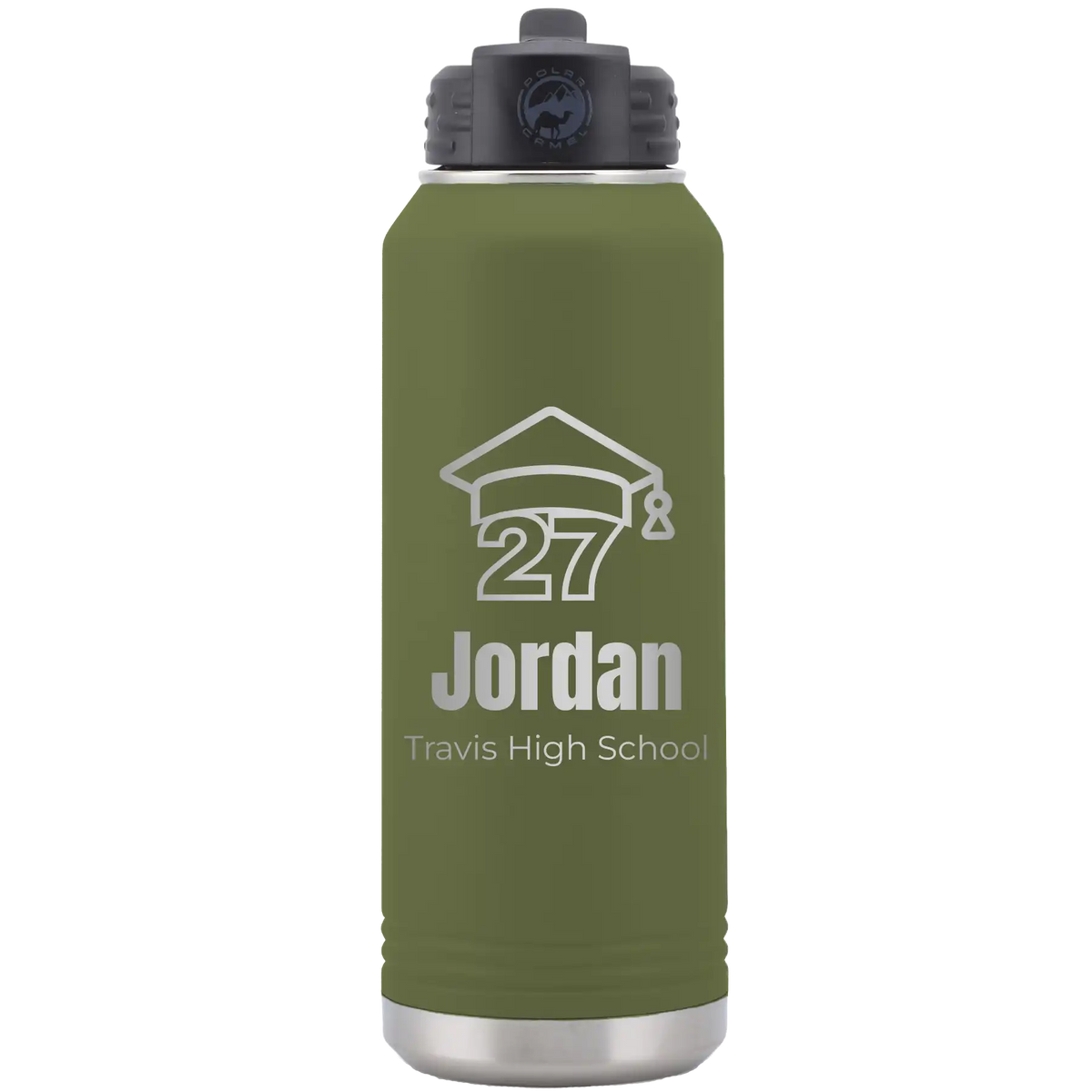 Laser etched olive green 32 oz vacuum insulated water bottle with 'Year 2027' design