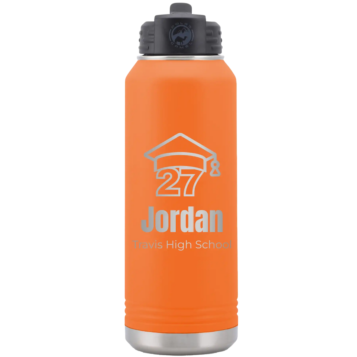 Laser etched orange 32 oz vacuum insulated water bottle with 'Year 2027' design