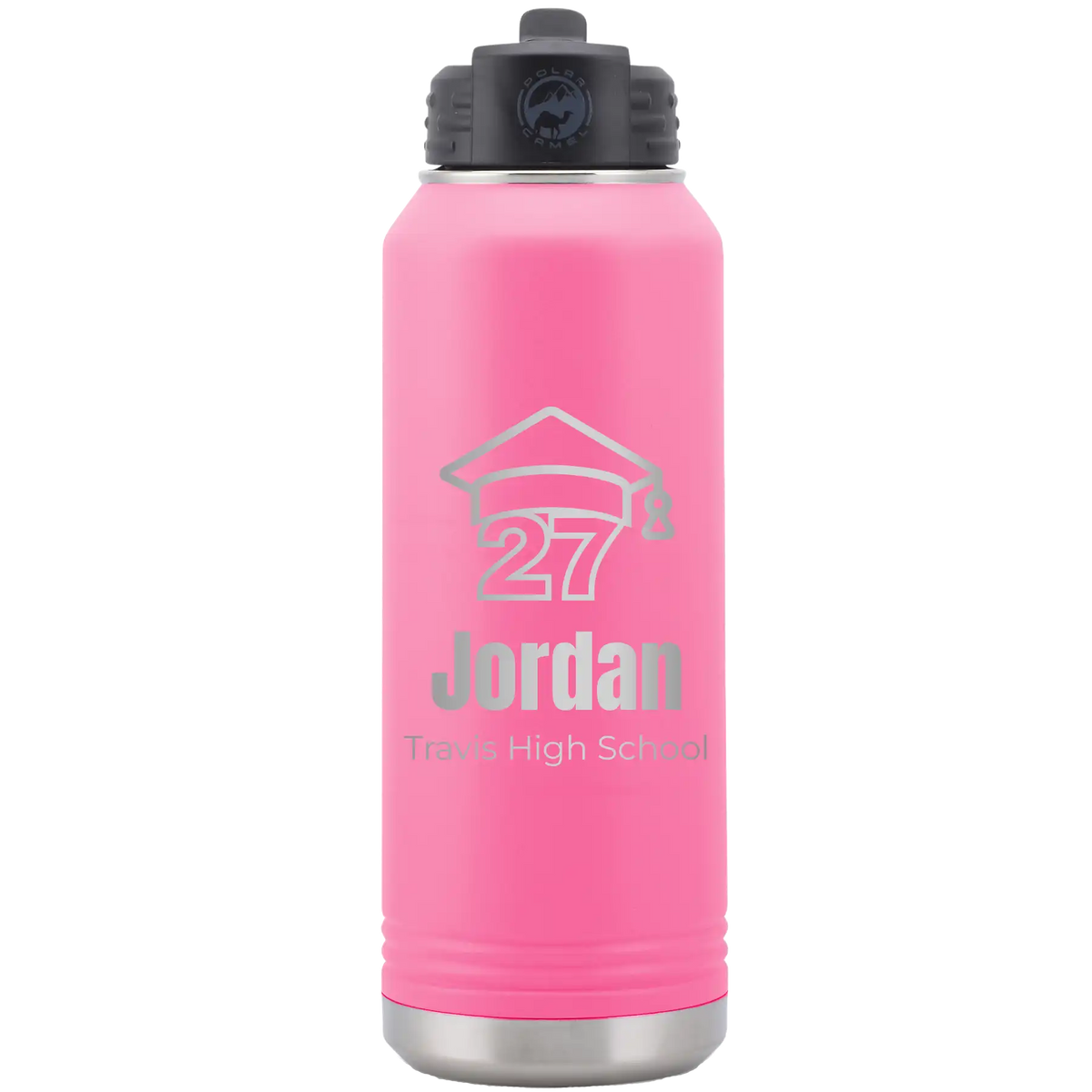 Laser etched pink 32 oz vacuum insulated water bottle with 'Year 2027' design