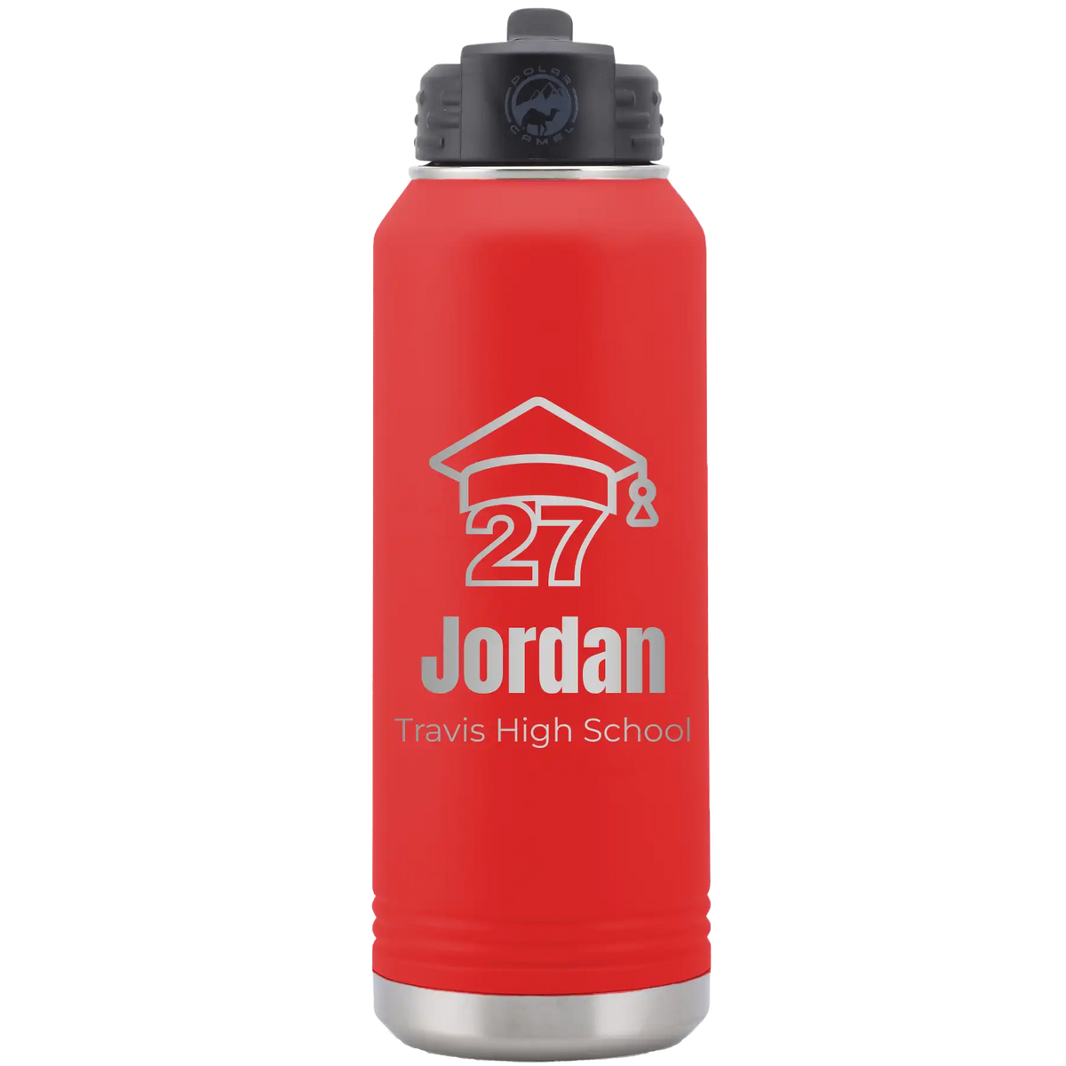 Laser etched red 32 oz vacuum insulated water bottle with 'Year 2027' design