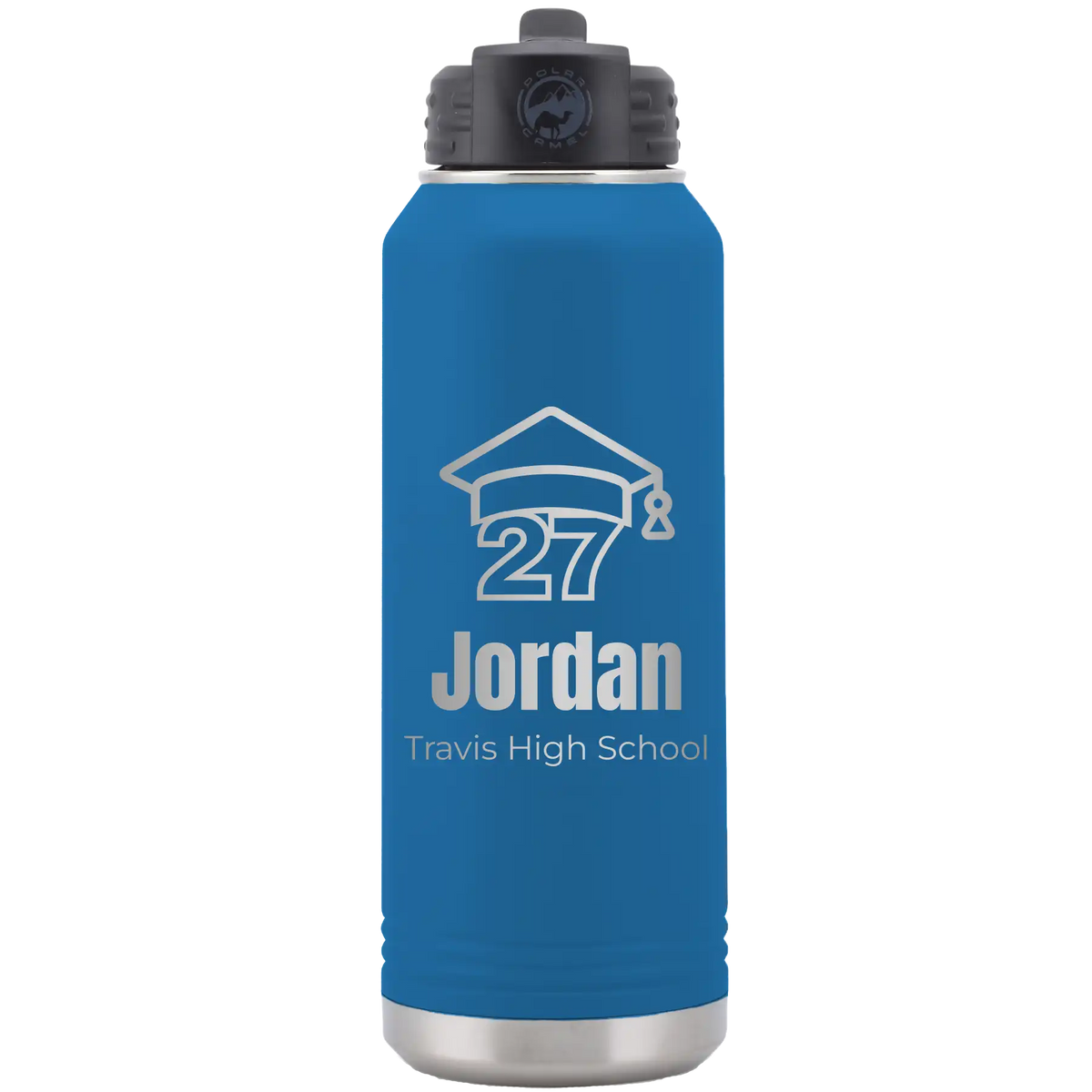 Laser etched royal blue 32 oz vacuum insulated water bottle with 'Year 2027' design
