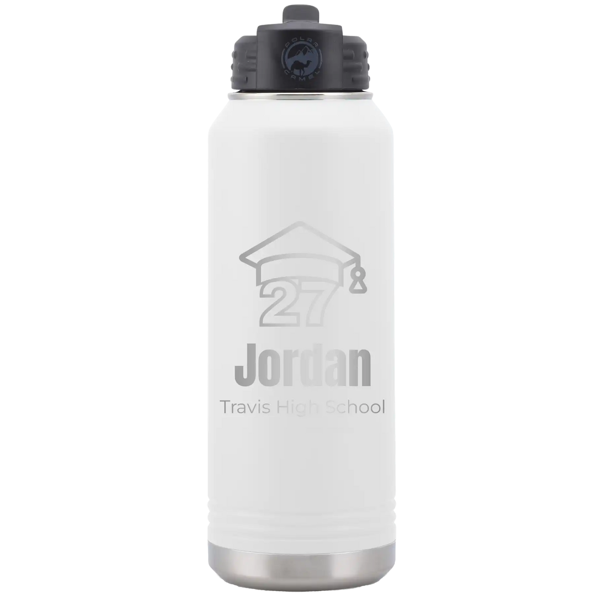 Laser etched white 32 oz vacuum insulated water bottle with 'Year 2027' design