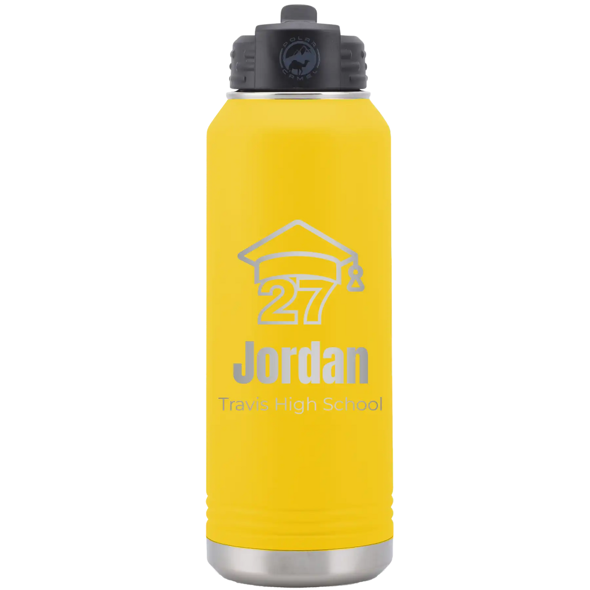 Laser etched yellow 32 oz vacuum insulated water bottle with 'Year 2027' design