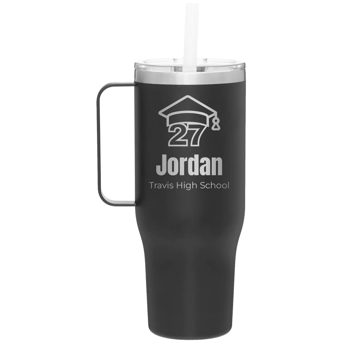 Personalized black 40 oz vacuum insulated tumbler mug with 'Year 2027' design