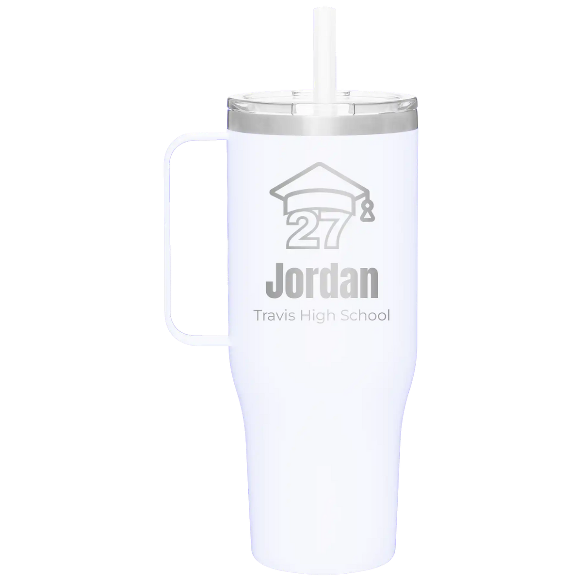 Personalized white 40 oz vacuum insulated tumbler mug with 'Year 2027' design