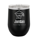 Personalized black 12 oz vacuum insulated wine cup with etched 'Year 2027' design