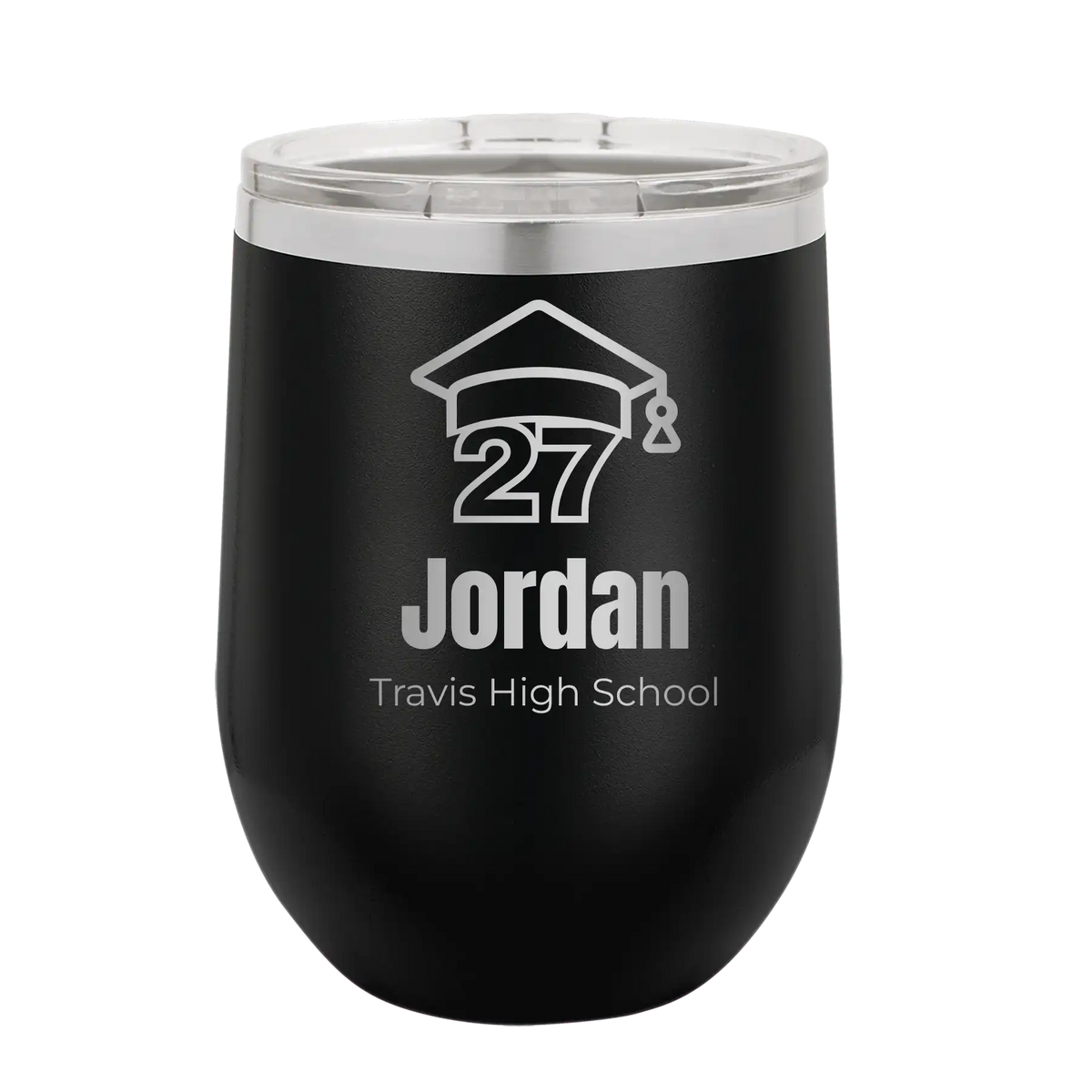 Personalized black 12 oz vacuum insulated wine cup with etched 'Year 2027' design