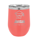 Personalized coral 12 oz vacuum insulated wine cup with etched 'Year 2027' design