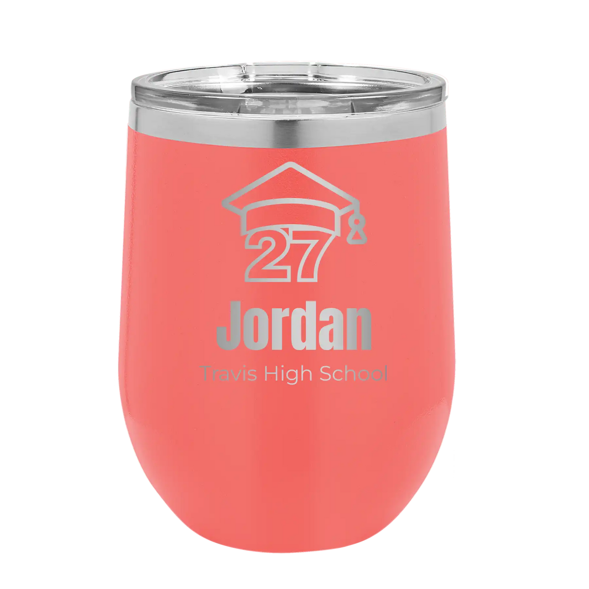 Personalized coral 12 oz vacuum insulated wine cup with etched 'Year 2027' design