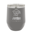 Personalized dark gray 12 oz vacuum insulated wine cup with etched 'Year 2027' design