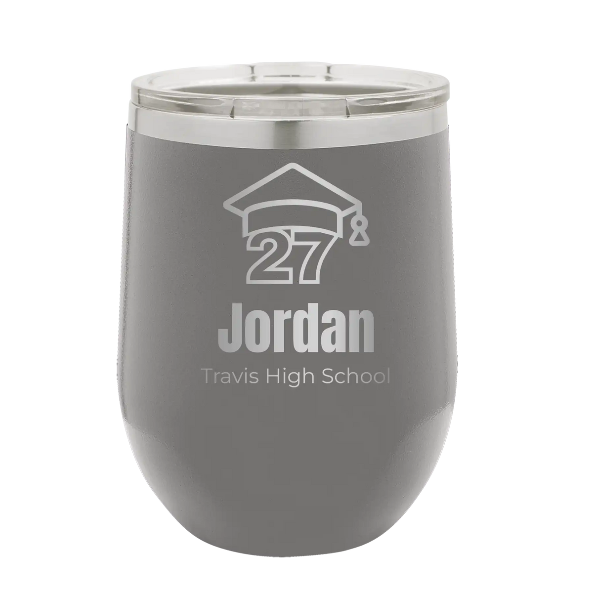 Personalized dark gray 12 oz vacuum insulated wine cup with etched 'Year 2027' design