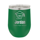 Personalized green 12 oz vacuum insulated wine cup with etched 'Year 2027' design