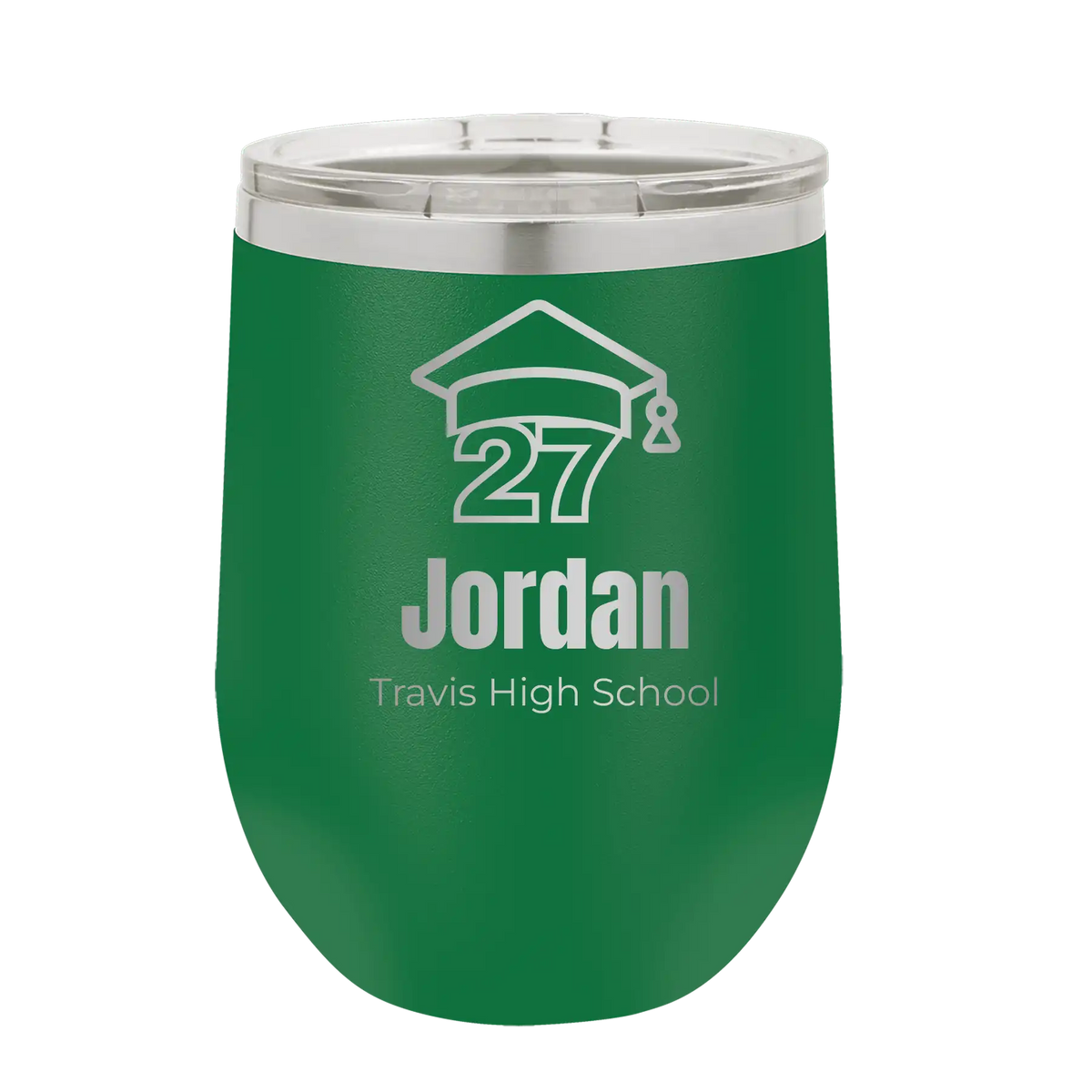 Personalized green 12 oz vacuum insulated wine cup with etched 'Year 2027' design