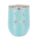 Personalized light blue 12 oz vacuum insulated wine cup with etched 'Year 2027' design