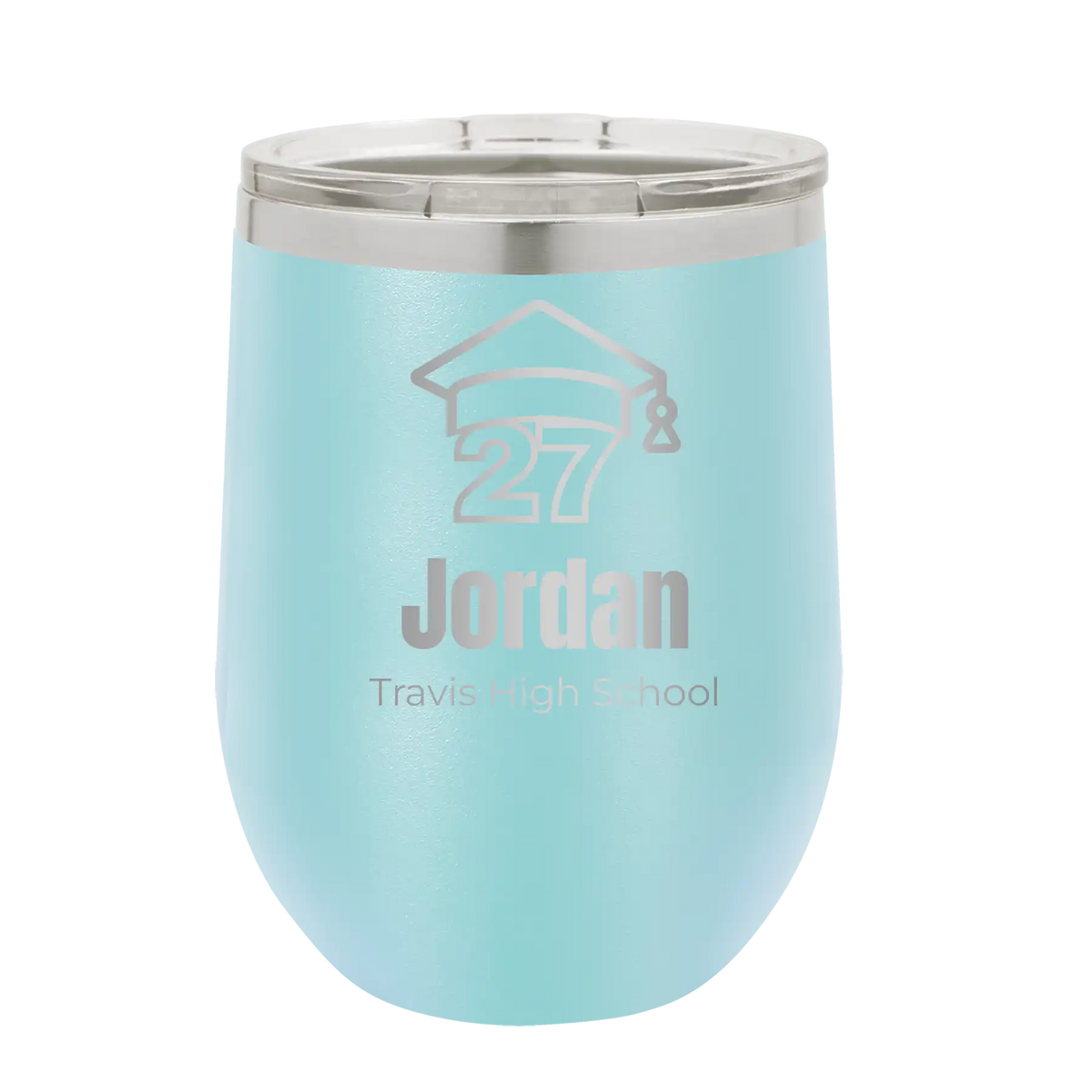 Personalized light blue 12 oz vacuum insulated wine cup with etched 'Year 2027' design
