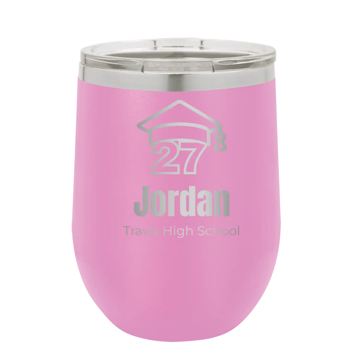 Personalized light purple 12 oz vacuum insulated wine cup with etched 'Year 2027' design