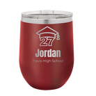 Personalized maroon 12 oz vacuum insulated wine cup with etched 'Year 2027' design