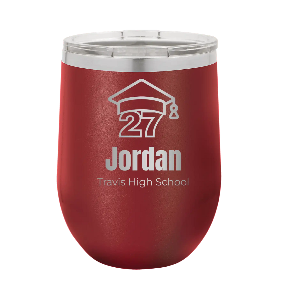 Personalized maroon 12 oz vacuum insulated wine cup with etched 'Year 2027' design