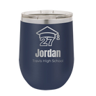 Personalized navy 12 oz vacuum insulated wine cup with etched 'Year 2027' design