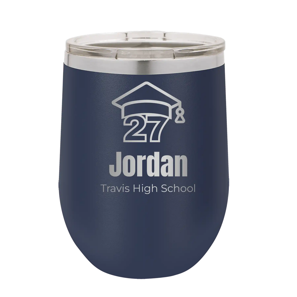 Personalized navy 12 oz vacuum insulated wine cup with etched 'Year 2027' design