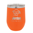 Personalized orange 12 oz vacuum insulated wine cup with etched 'Year 2027' design
