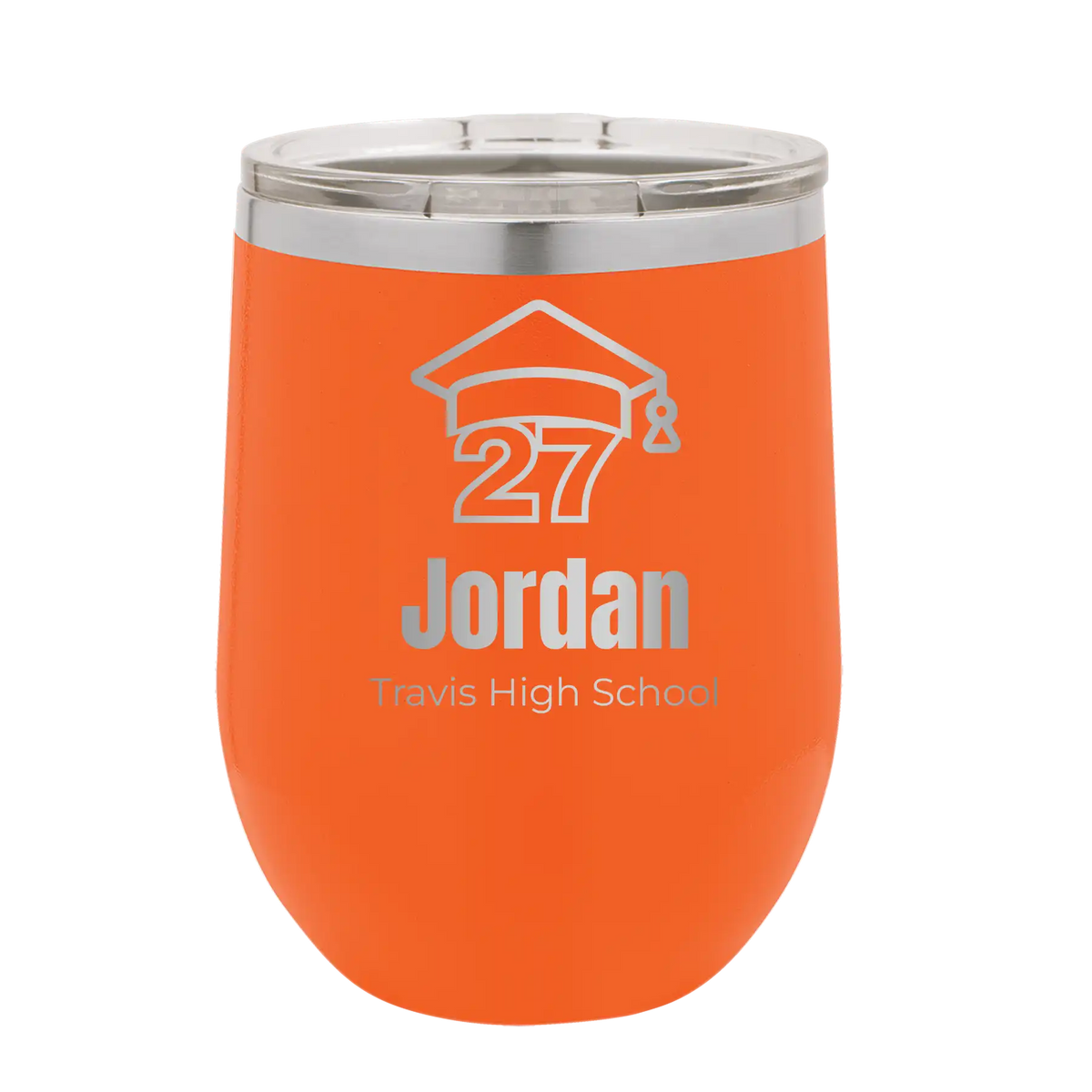 Personalized orange 12 oz vacuum insulated wine cup with etched 'Year 2027' design