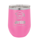 Personalized pink 12 oz vacuum insulated wine cup with etched 'Year 2027' design