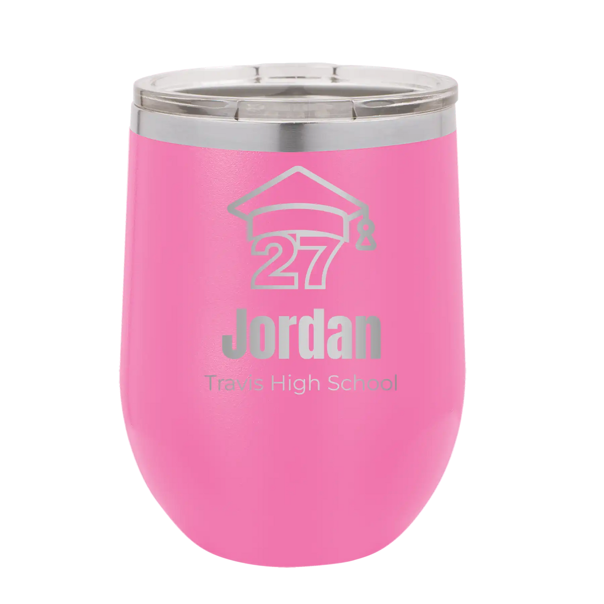 Personalized pink 12 oz vacuum insulated wine cup with etched 'Year 2027' design