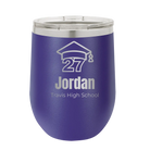 Personalized purple 12 oz vacuum insulated wine cup with etched 'Year 2027' design