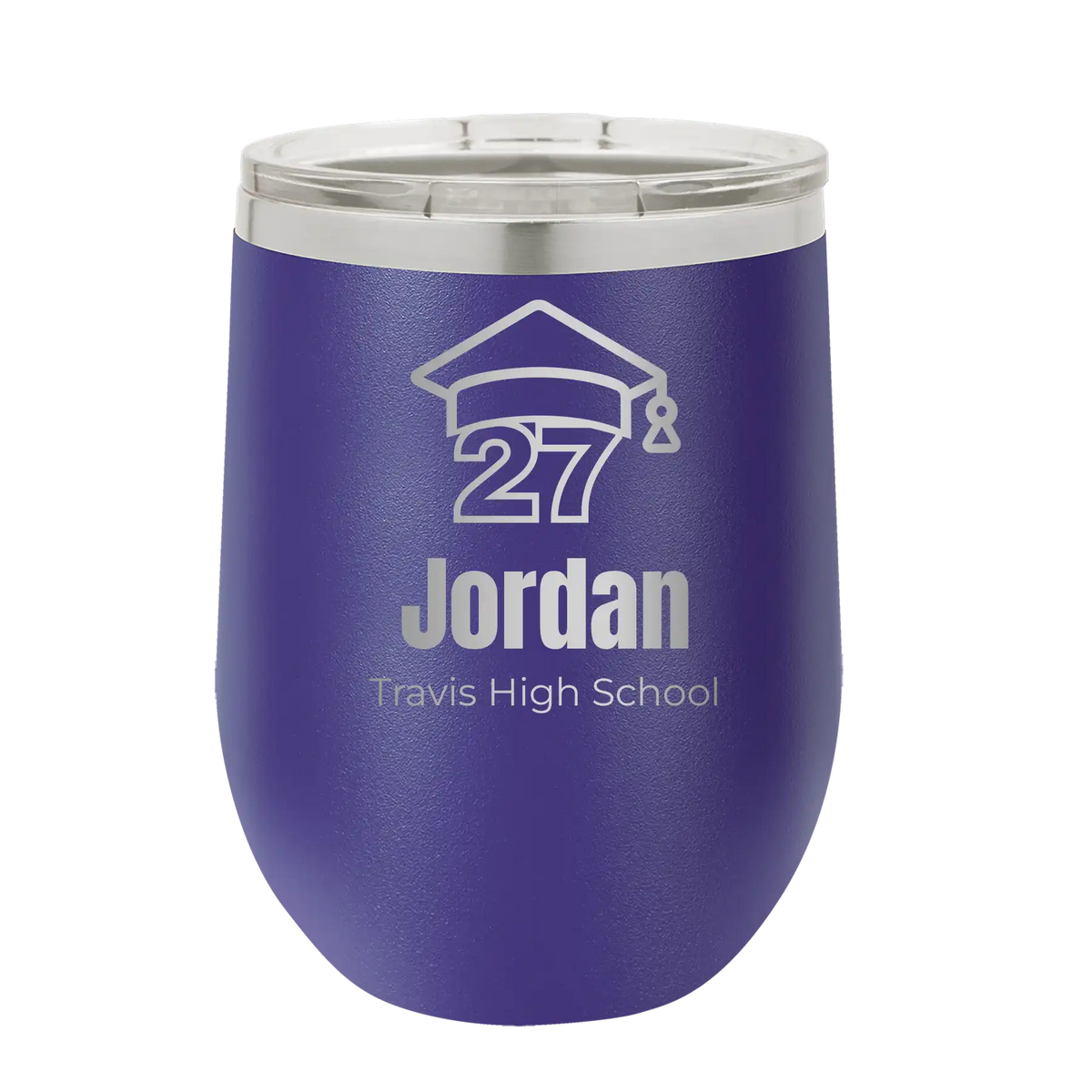 Personalized purple 12 oz vacuum insulated wine cup with etched 'Year 2027' design