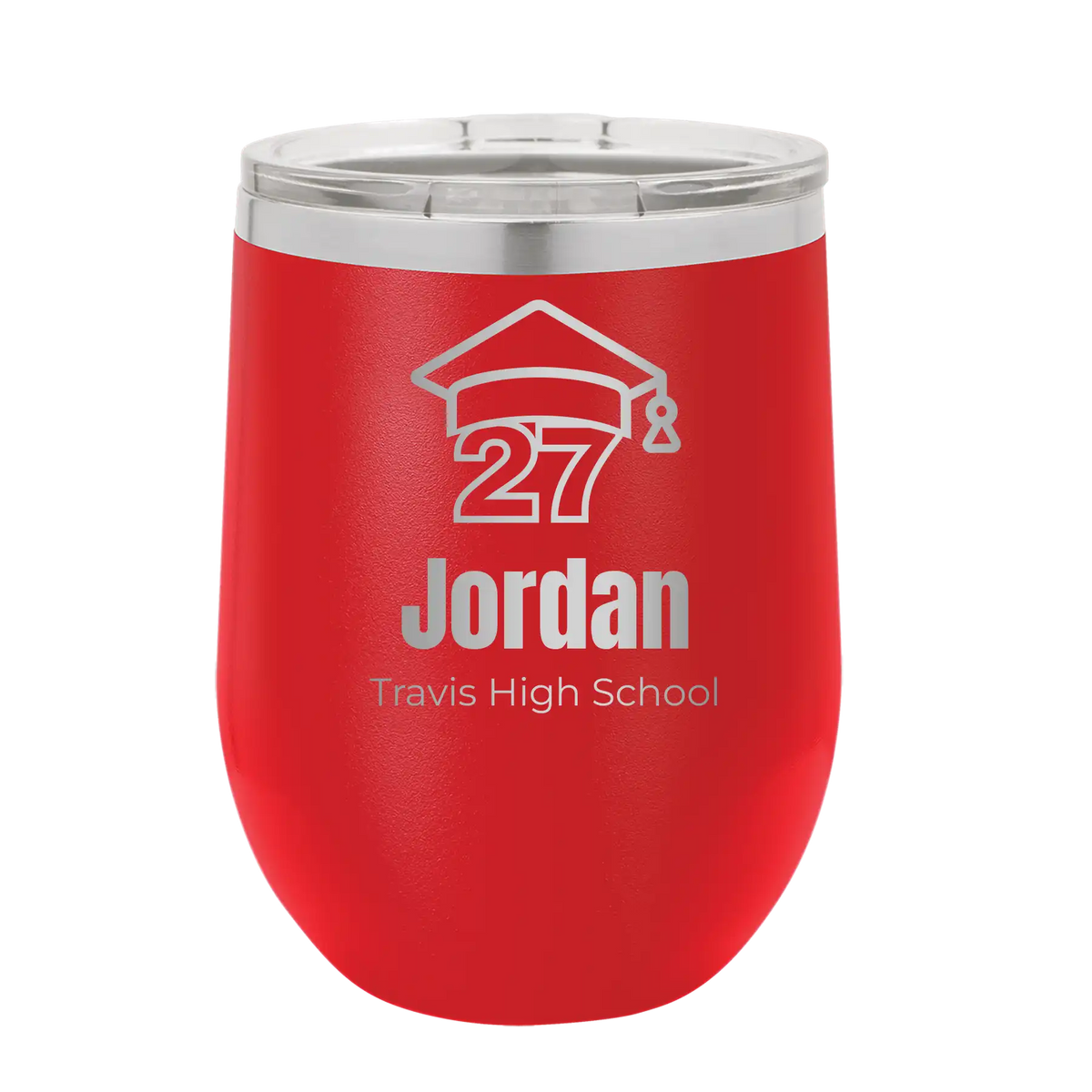 Personalized red 12 oz vacuum insulated wine cup with etched 'Year 2027' design