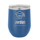 Personalized royal blue 12 oz vacuum insulated wine cup with etched 'Year 2027' design