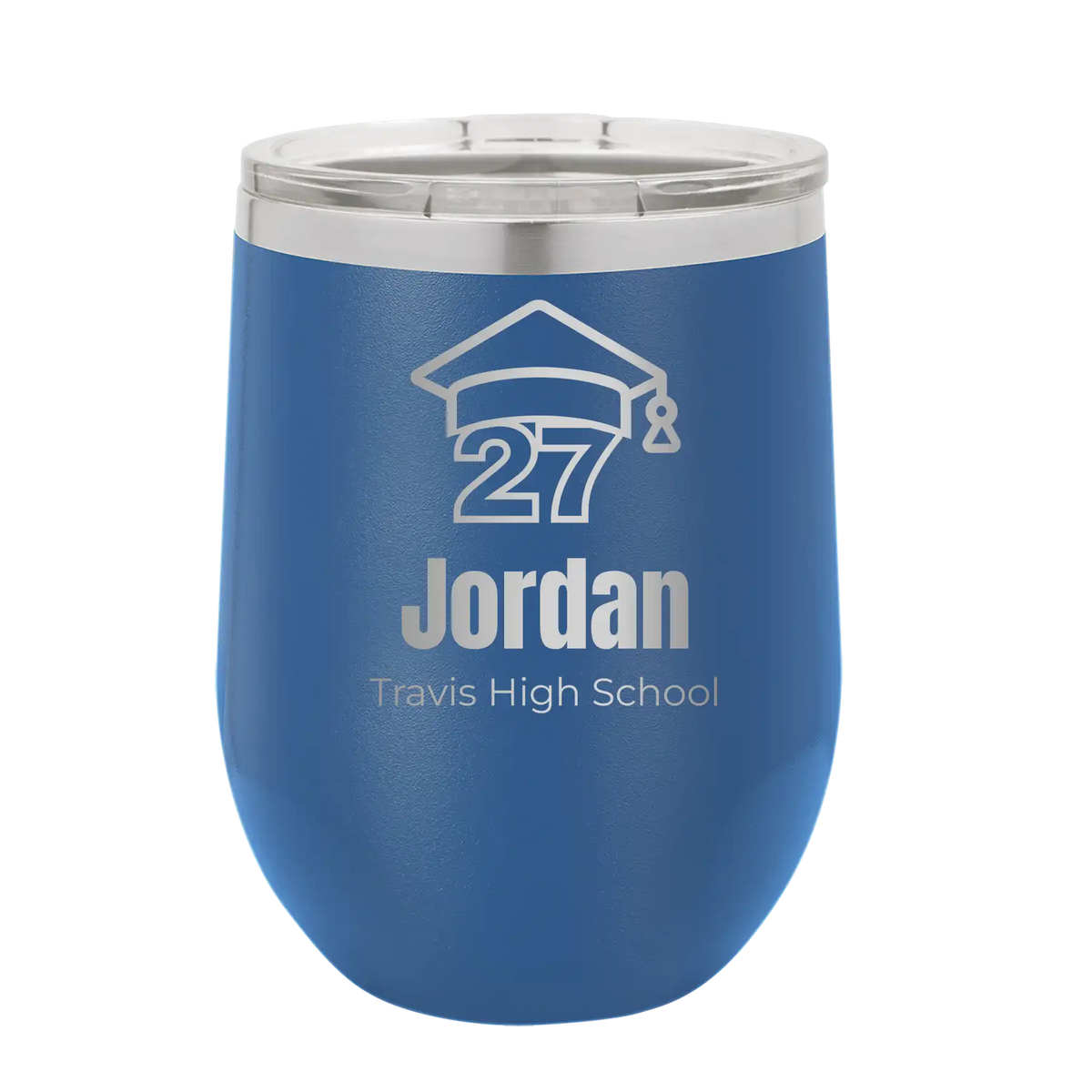 Personalized royal blue 12 oz vacuum insulated wine cup with etched 'Year 2027' design