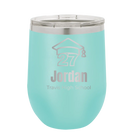 Personalized teal 12 oz vacuum insulated wine cup with etched 'Year 2027' design