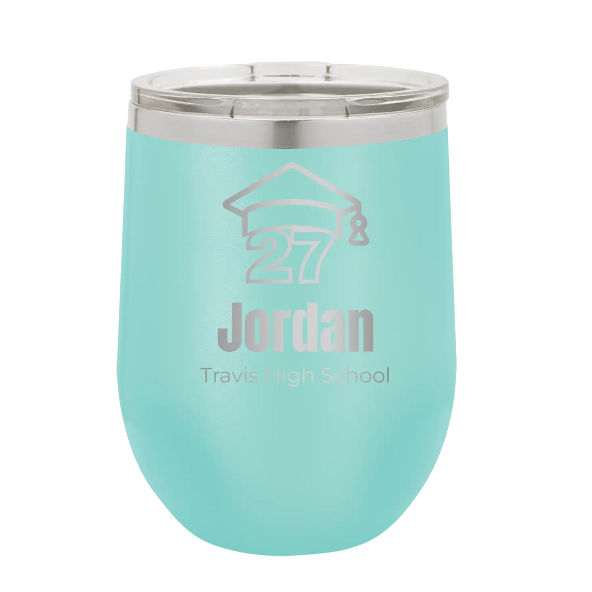 Personalized teal 12 oz vacuum insulated wine cup with etched 'Year 2027' design