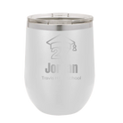 Personalized white 12 oz vacuum insulated wine cup with etched 'Year 2027' design