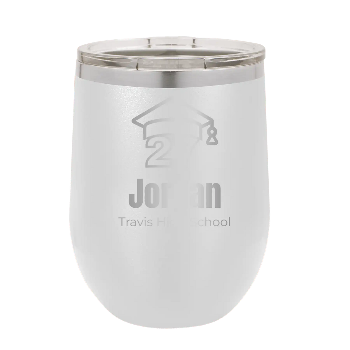 Personalized white 12 oz vacuum insulated wine cup with etched 'Year 2027' design