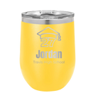 Personalized yellow 12 oz vacuum insulated wine cup with etched 'Year 2027' design