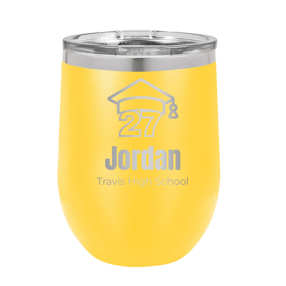 Personalized yellow 12 oz vacuum insulated wine cup with etched 'Year 2027' design
