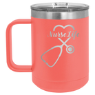 Laser etched coral 15 oz vacuum insulated coffee mug with 'Nurse Life' design