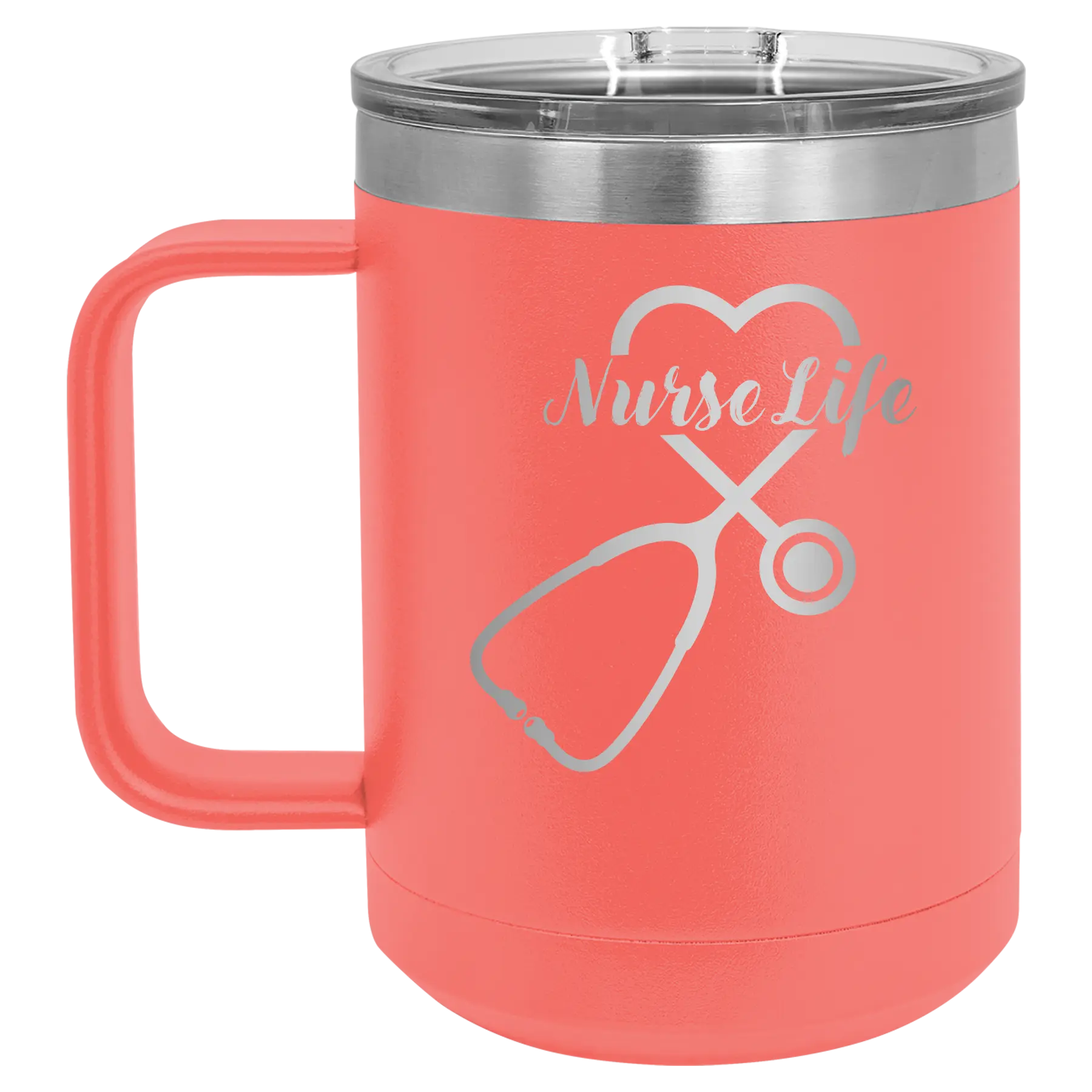 Laser etched coral 15 oz vacuum insulated coffee mug with 'Nurse Life' design