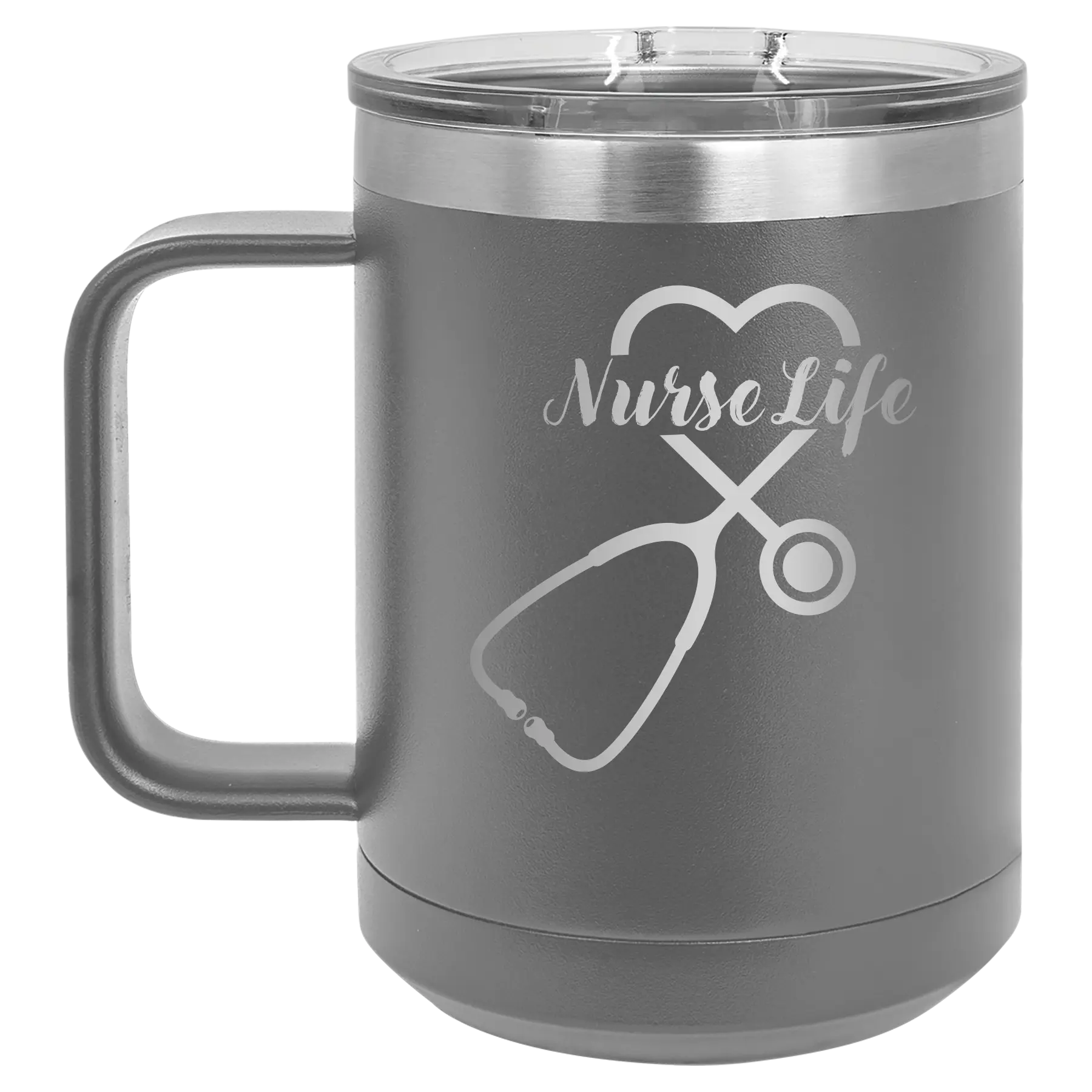 Laser etched dark gray 15 oz vacuum insulated coffee mug with 'Nurse Life' design