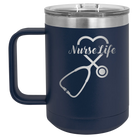 Laser etched navy 15 oz vacuum insulated coffee mug with 'Nurse Life' design