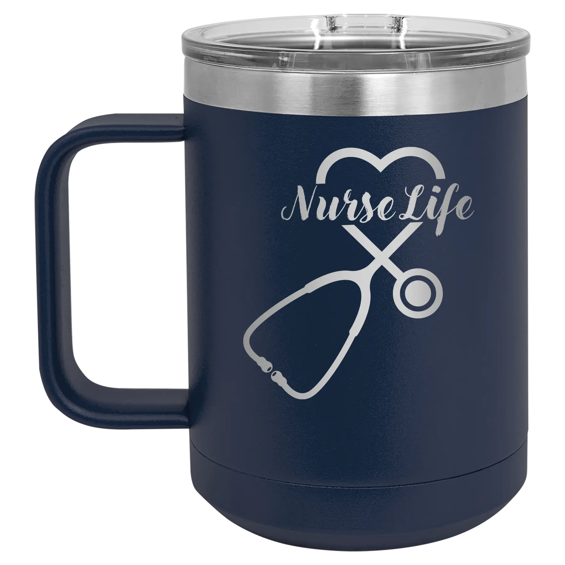 Laser etched navy 15 oz vacuum insulated coffee mug with 'Nurse Life' design