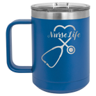 Laser etched royal blue 15 oz vacuum insulated coffee mug with 'Nurse Life' design