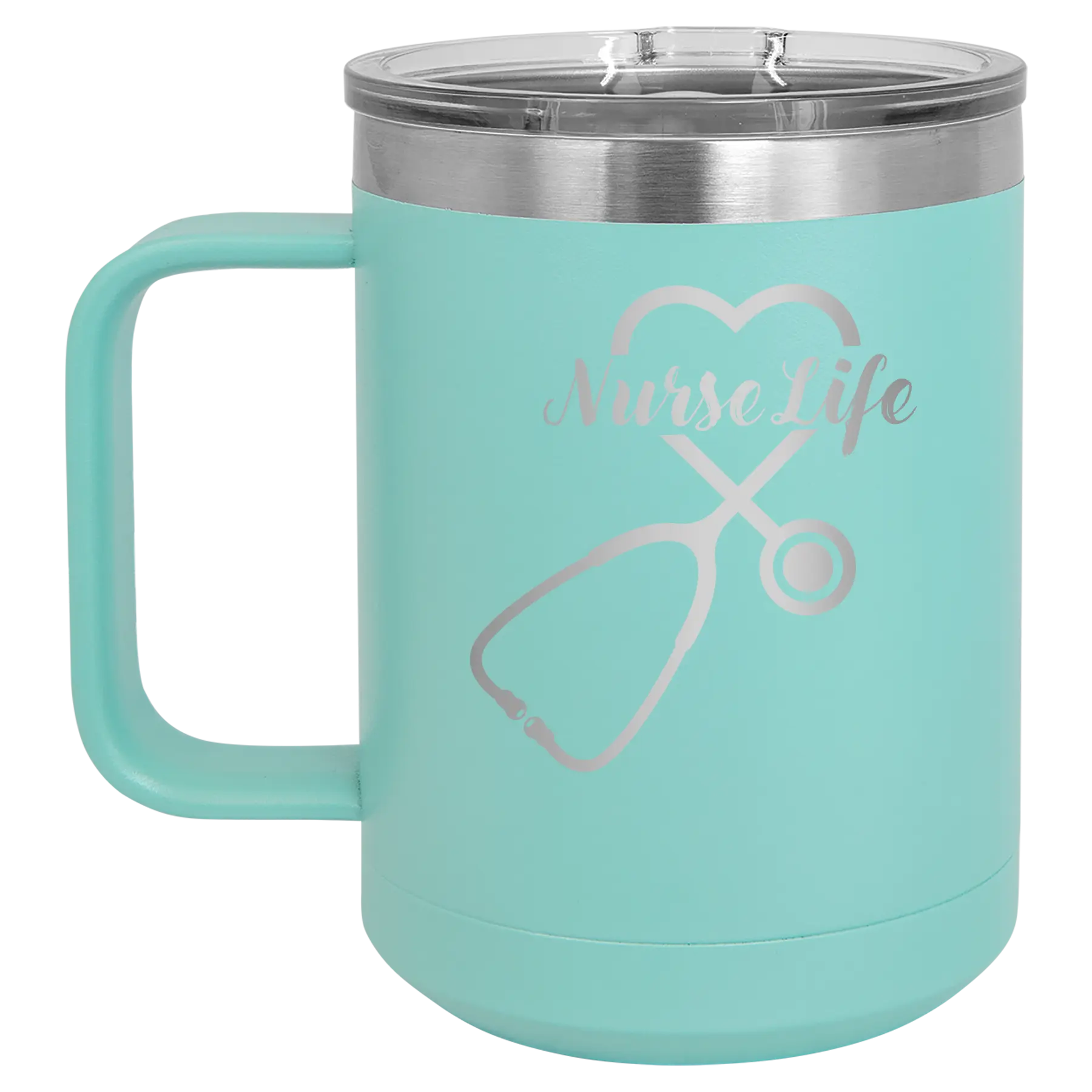 Laser etched teal 15 oz vacuum insulated coffee mug with 'Nurse Life' design