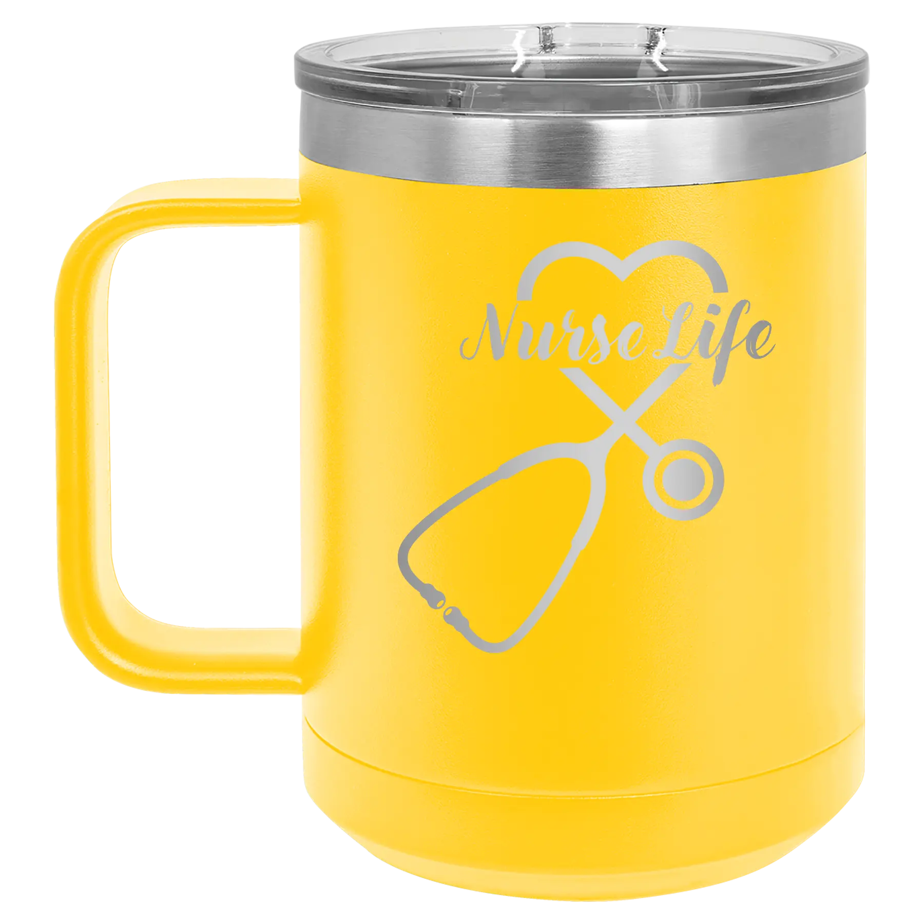 Laser etched yellow 15 oz vacuum insulated coffee mug with 'Nurse Life' design
