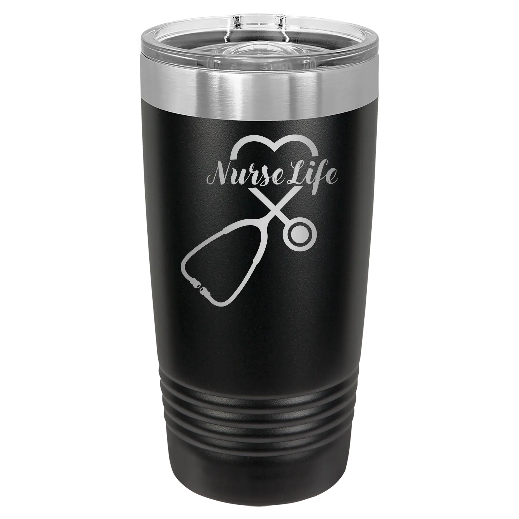 Laser etched black 20 oz vacuum insulated tumbler with 'Nurse Life' design