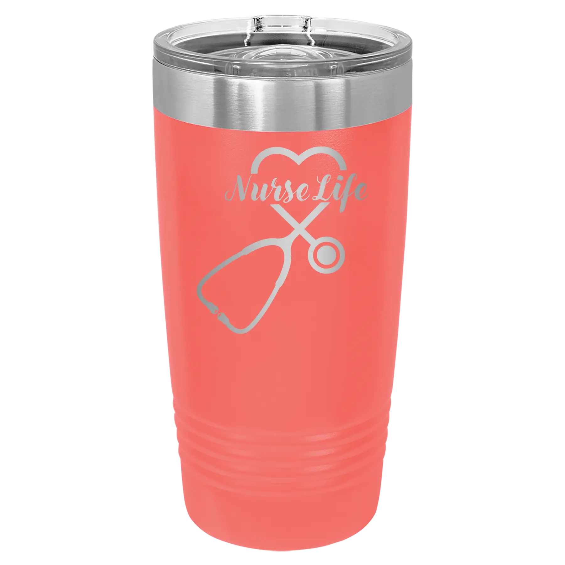 Laser etched coral 20 oz vacuum insulated tumbler with 'Nurse Life' design